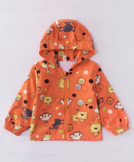 Kookie Kids Full Sleeves Hooded Sweat Jacket Animal Print - Orange