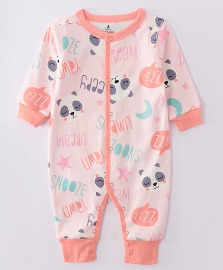 Kookie Kids Full Sleeves Romper Panda & Text Print - Peach Pink