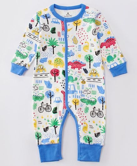 Kookie Kids Full Sleeves Romper Panda & Text Print - White Blue