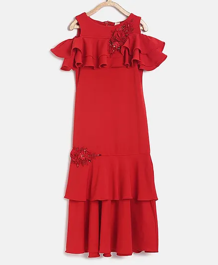 Tiny Girl Flower Applique Layered Cold Shoulder Short Sleeves Maxi Dress - Red