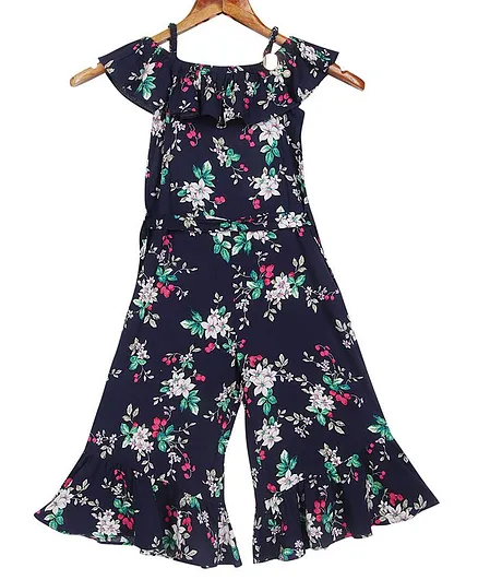 Tiny Girl Floral Printed Cold Shoulder Half Sleeves Jumpsuit - Navy Blue