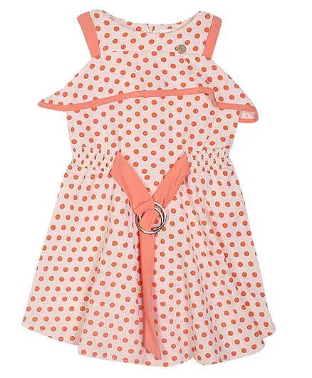 Tiny Girl Cold Shoulder Half Sleeves Polka Dot Print Fit & Flare Dress - Peach