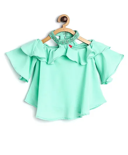 Tiny Girl Half Sleeves Solid Cold Shoulder Top - Sea Green
