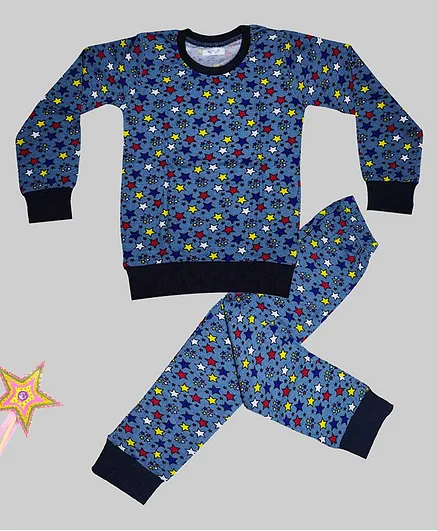 Sheer Love Full Sleeves All Over Stars Printed Night Suit - Blue