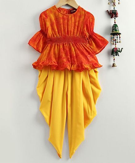 Twisha Tie Dye Half Sleeves Top With Dhoti & Inner Set - Orange