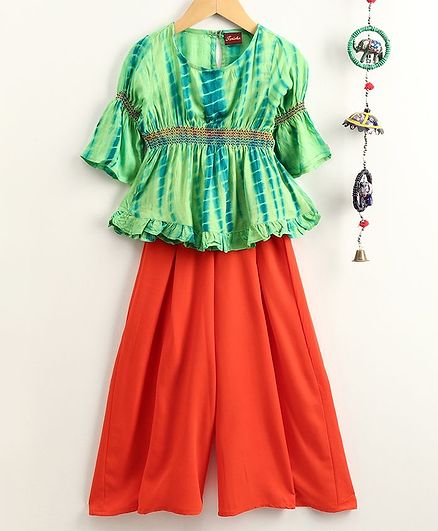 Twisha Lace Detailed Ruffled Half Sleeves Top With Palazzo Set - Green