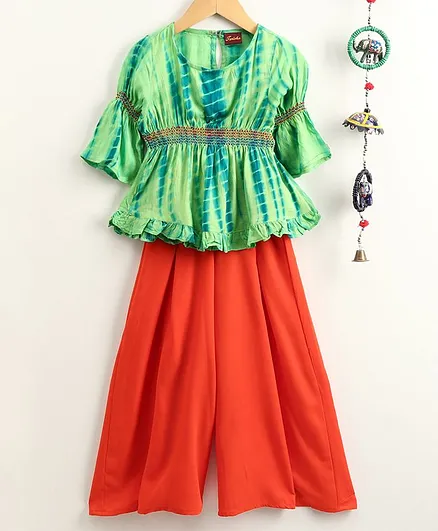Twisha Lace Detailed Ruffled Half Sleeves Top With Palazzo Set - Green