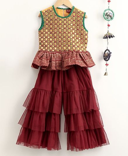 Twisha Sleeveless Mirror Work Peplum Top With Sharara - Maroon