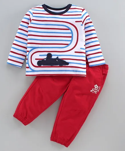Babyoye Cotton Full Sleeves Stripe Tee & Pull Up Pants With Drawstring - White Red
