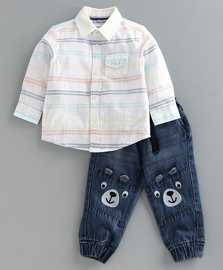 Babyoye Full Sleeves Striped Shirt & Jogger Jeans Bear Embroidery - White Blue