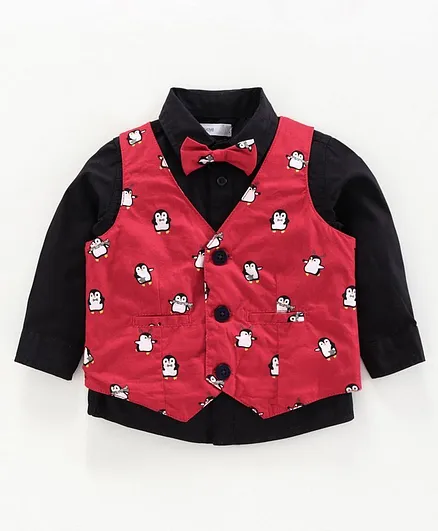 Babyoye Party Shirt with Neck Tie & Waistcoat Penguin Print - Red