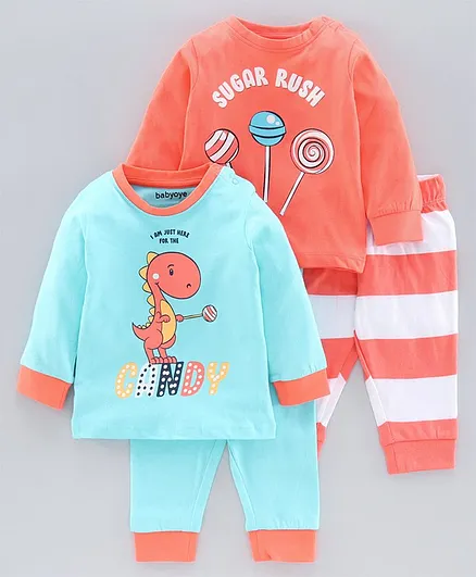 Babyoye Cotton Full Sleeves Night Suits Dino & Candy Print Pack of 2 - Blue Orange