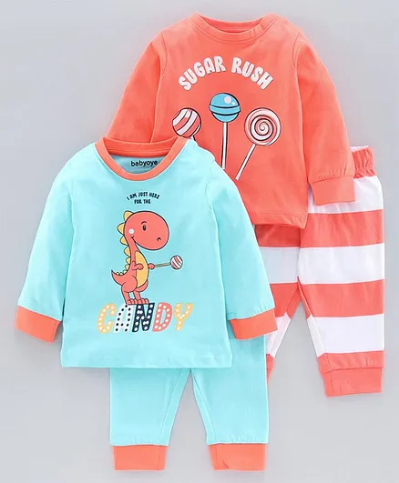 Babyoye Cotton Full Sleeves Night Suits Dino & Candy Print Pack of 2 - Blue Orange