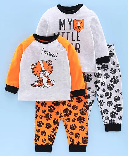 Babyoye Full Sleeves Night Suit Tiger Print Pack of 2 - Orange White