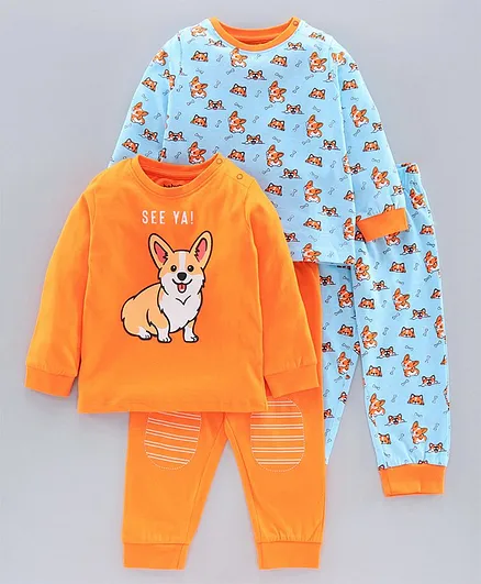 Babyoye Full Sleeves Night Suit Puppy Print Pack of 2 - Orange Blue