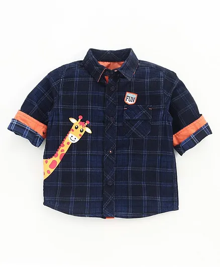 Babyoye Full Sleeves Corduroy Checks Shirt Giraffe Print - Navy Blue