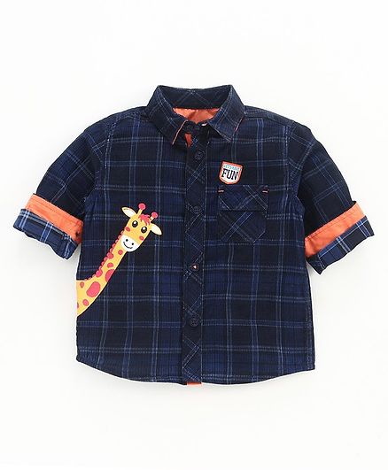 Babyoye Full Sleeves Corduroy Checks Shirt Giraffe Print - Navy Blue