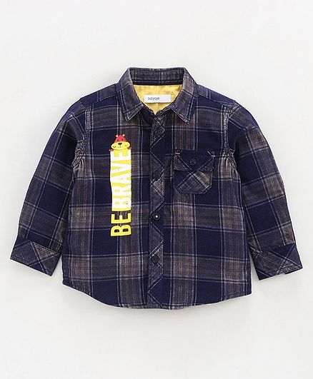 Babyoye Full Sleeves Corduroy Checks Shirt Be Brave Print - Blue