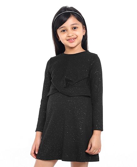 Pine Kids Full Sleeves Glitter Embellished Frock - Black