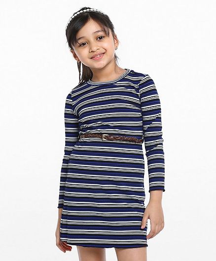 Pine Kids Full Sleeves Striped Frock with Belt - Blue