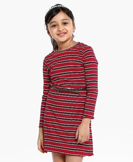 Pine Kids Full Sleeves Striped Frock - Red