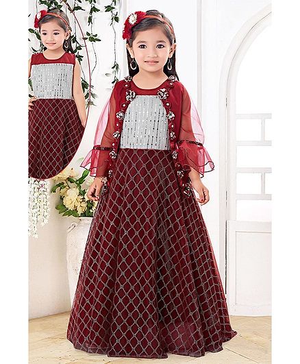 Fiona Full Sleeves Mirror Work Flower Detailed Flared Gown With Attached Jacket - Maroon