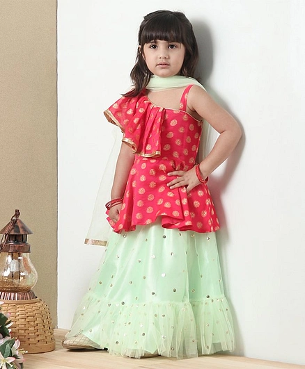 Babyoye Sleeveless One Shoulder Embroidered Choli with Lehnga & Dupatta - Pink Green