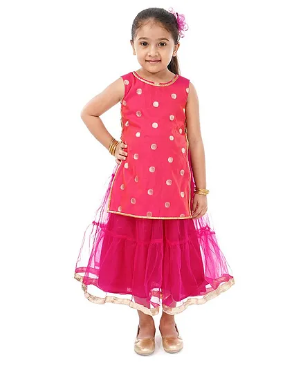 Babyoye Sleeveless Kurta with Danglers & Lehenga Set - Pink