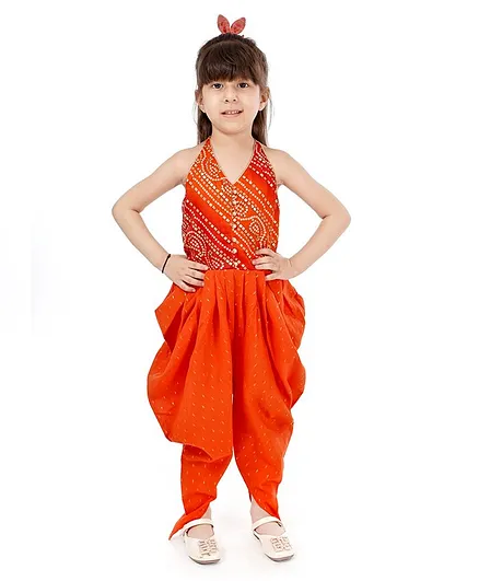 Babyoye Sleeveless Indo Western Studded Top and Dhoti Set - Orange