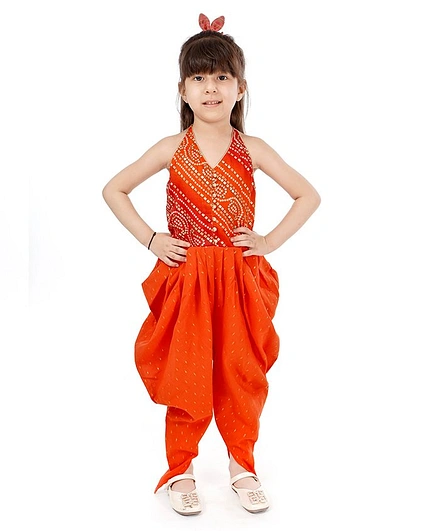 Babyoye Sleeveless Indo Western Studded Top and Dhoti Set - Orange