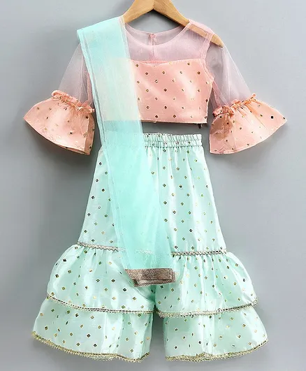 Babyoye Indo Western Top & Sharara Set With Dupatta - Peach Green