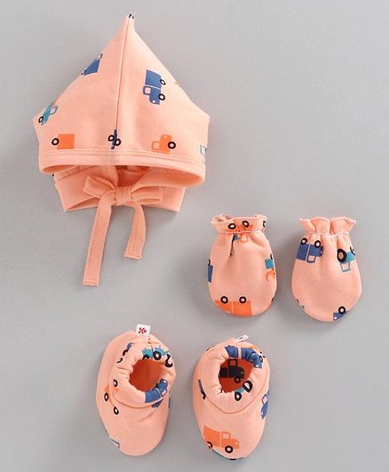 Child World Cap Mitten & Booties Car Print Peach - Diameter 8 cm