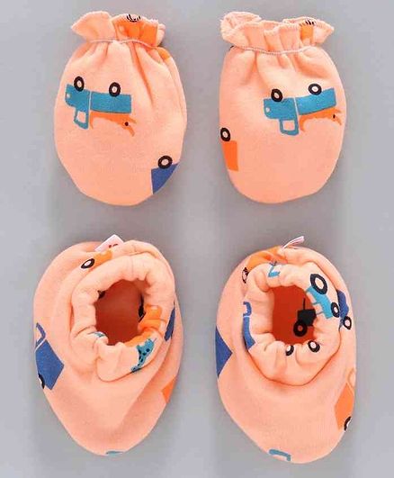Child World Cotton Mittens and Booties Vehicle Print - Peach