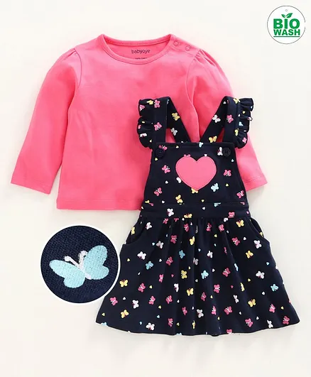 Babyoye Dungaree Style Frock With Full Sleeves Tee Butterfly Print - Blue Pink