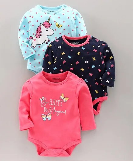Babyoye Full Sleeves Printed Onesie Pack of 3 - Blue Pink
