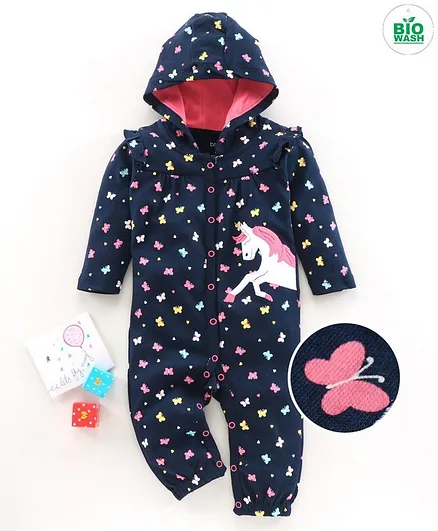 Babyoye Full Sleeves Hooded Romoer Unicorn Embroidery - Navy Blue