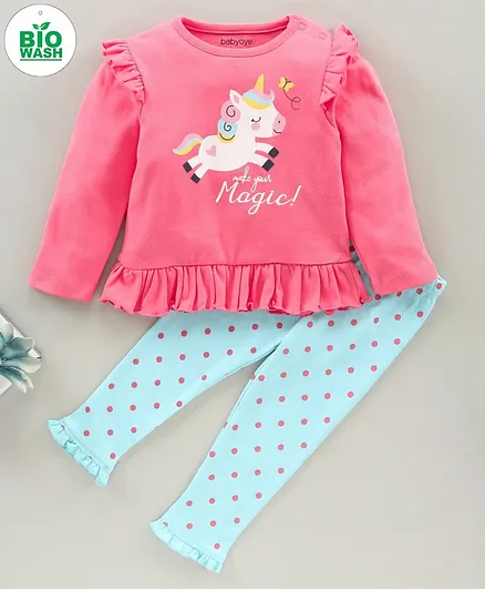 Babyoye Full Sleeves Tee & Polka Dotted Leggings Unicorn Print - Blue Pink