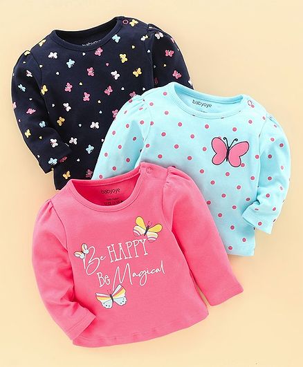 Babyoye Supima Cotton Full Sleeves Tee Butterfly Print Pack of 3 - Blue Pink
