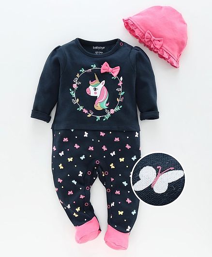 Babyoye Full Sleeves Footed Sleepsuit with Cap Unicorn Print - Navy Blue