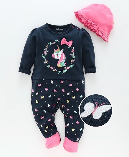 Babyoye Full Sleeves Footed Sleepsuit with Cap Unicorn Print - Navy Blue