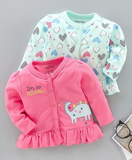 Babyoye 100%Cotton Full Sleeves Jhablas Heart & Dino Print Pack of 2 - Pink Blue