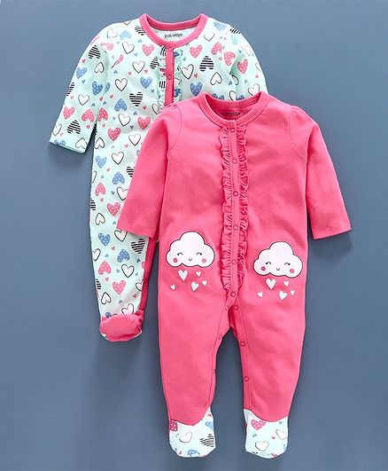 Babyoye Full Sleeves Footed Sleepsuits Heart & Cloud Print Pack of 2 - Pink Blue