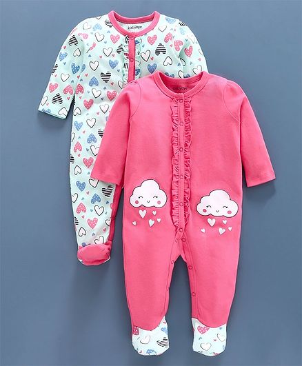 Babyoye Full Sleeves Sleepsuits Heart & Cloud Print Pack of 2 - Pink Blue