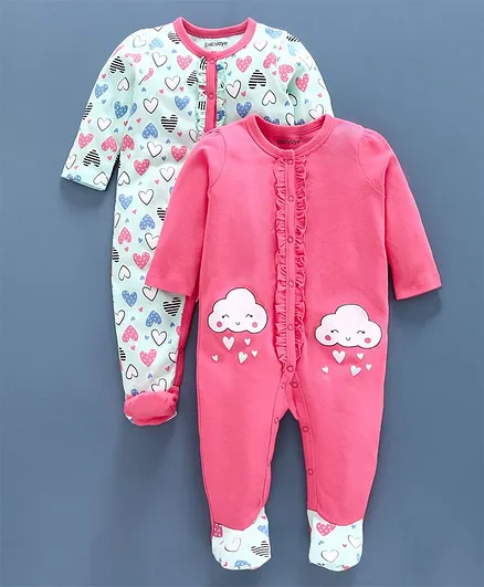 Babyoye Full Sleeves Sleepsuits Heart & Cloud Print Pack of 2 - Pink Blue