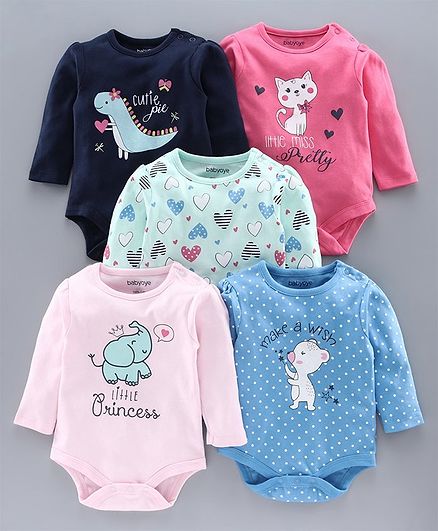 Babyoye Full Sleeves Cotton Onesies Pack of 5 - Blue Pink