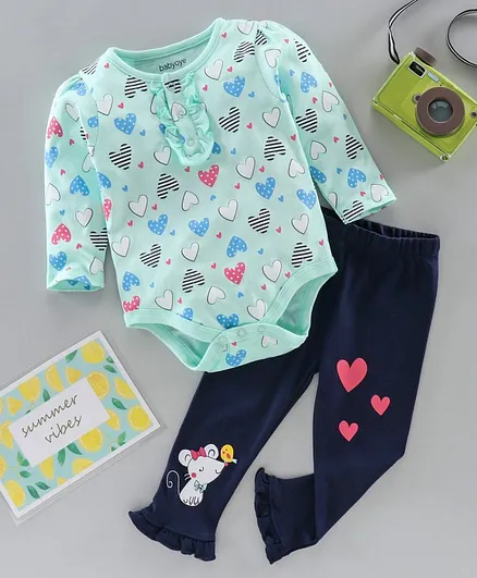 Babyoye Full Sleeves Onesie & Leggings Heart Print - Blue