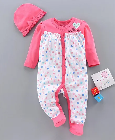 Babyoye Footed Sleep Suit With Cap Dots Print - Pink