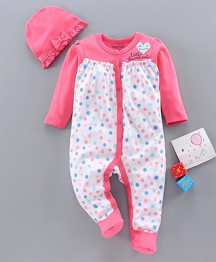 Babyoye Footed Sleep Suit With Cap Dots Print - Pink