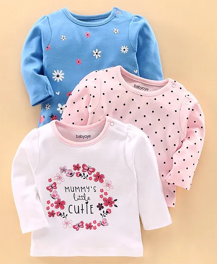 Babyoye Full Sleeves Tee Floral Print Pack of 3 - Pink Blue