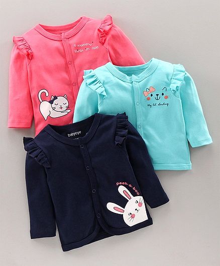 Babyoye Full Sleeves Jhabla Animal Print Pack of 3 - Blue Pink